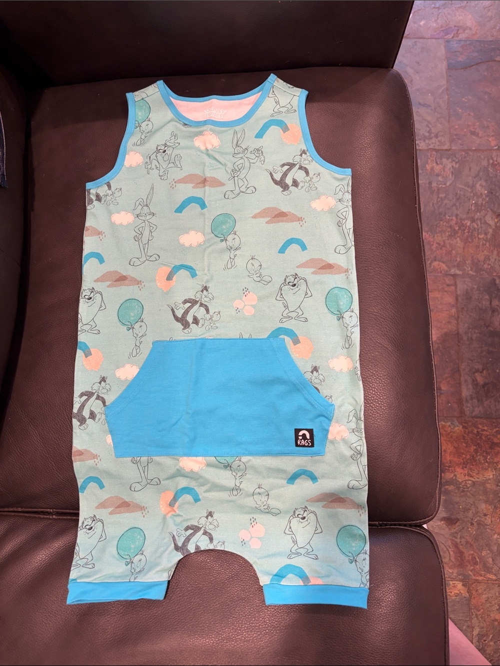 Kids Sleeveless Romper in Aqua with Blue Pocket Looney Tunes